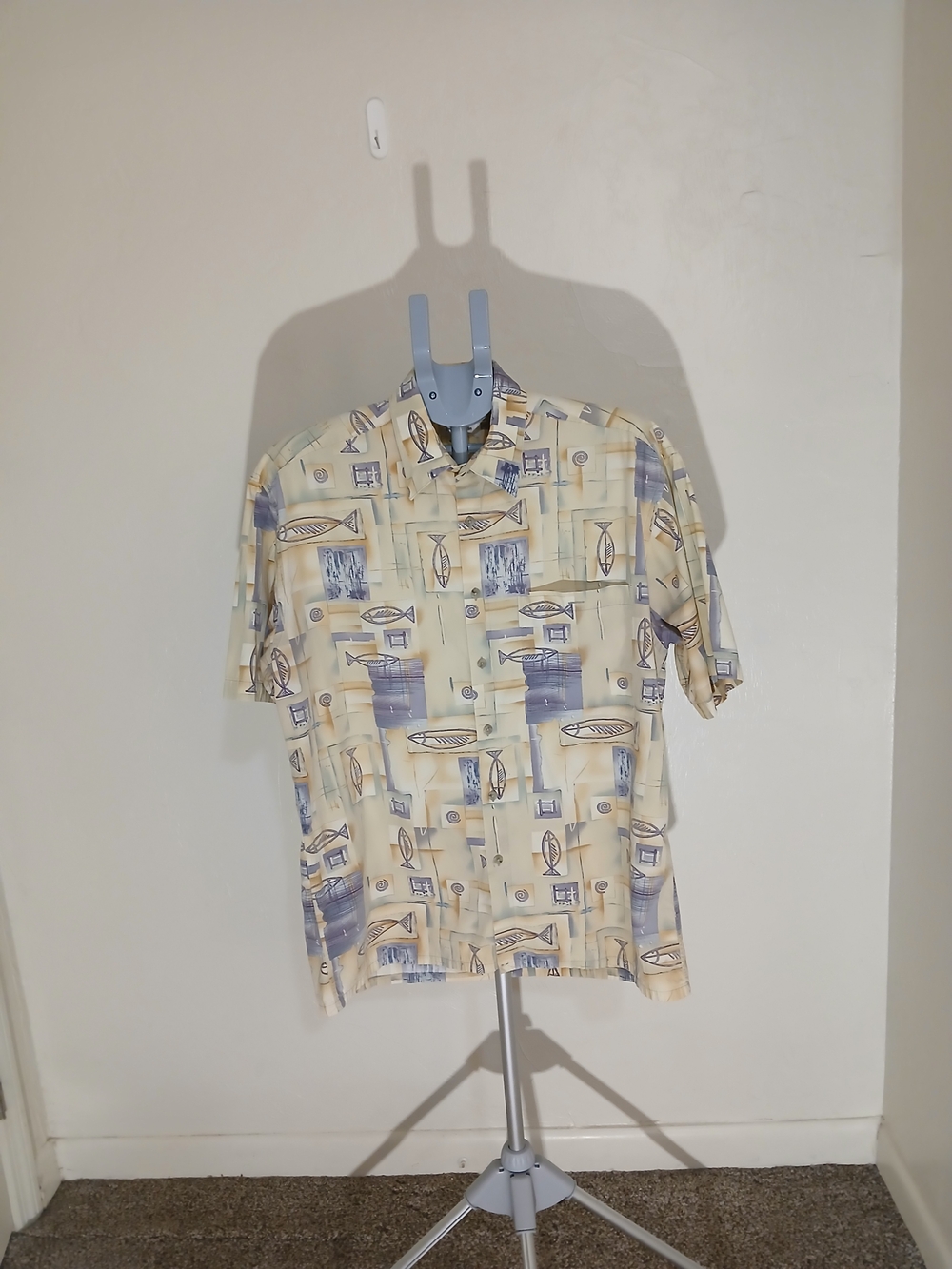 Vintage 100% Cotton Geometric Abstract Fish Print Button-Down Shirt Sz. L